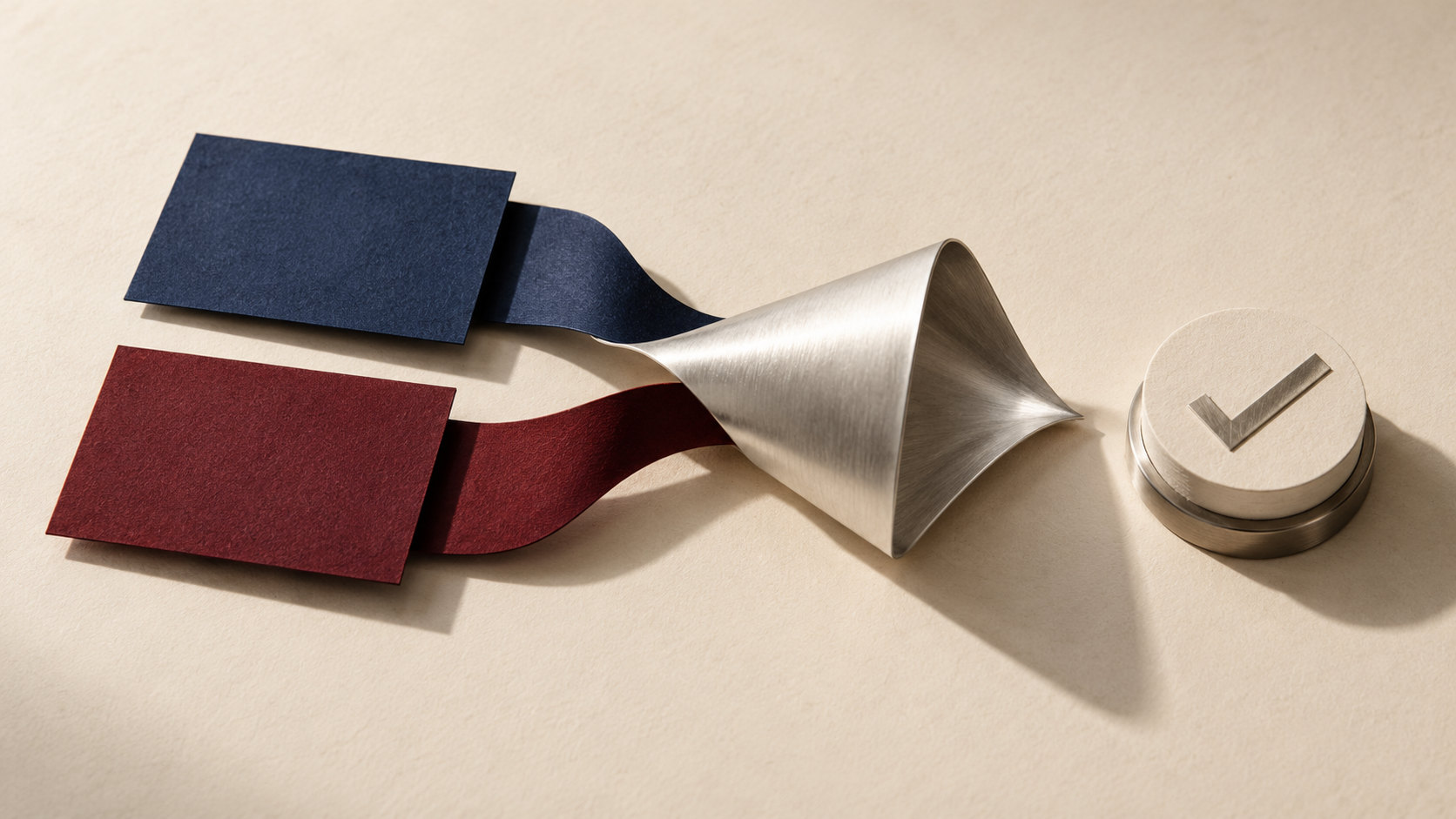 Deep blue and oxblood source cards pass through a folded silver form towards a separate approval marker