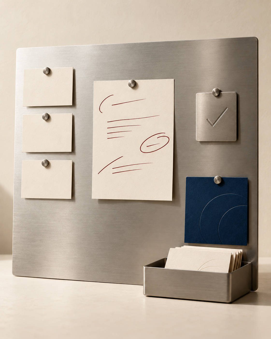 A brushed-silver evidence board holding source cards, a marked-up draft, approval tile and learning-record tray