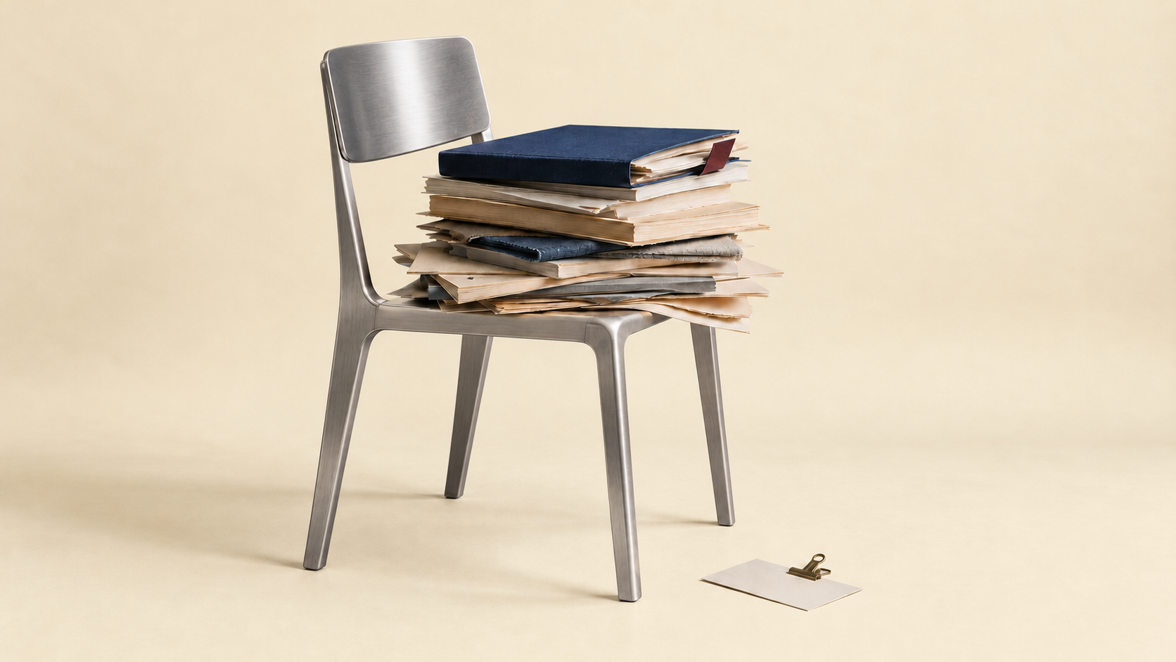 A stack of audit papers and a deep blue folder resting on a brushed-silver chair against a warm cream background