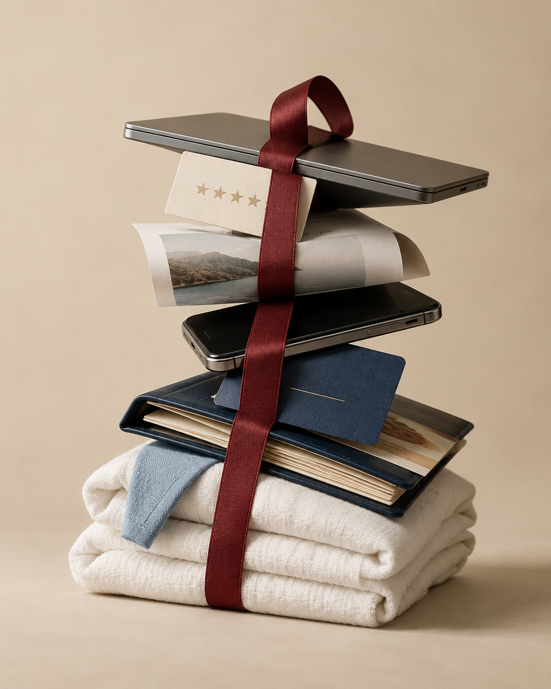 Hotel marketing touchpoints stacked and connected by an oxblood ribbon